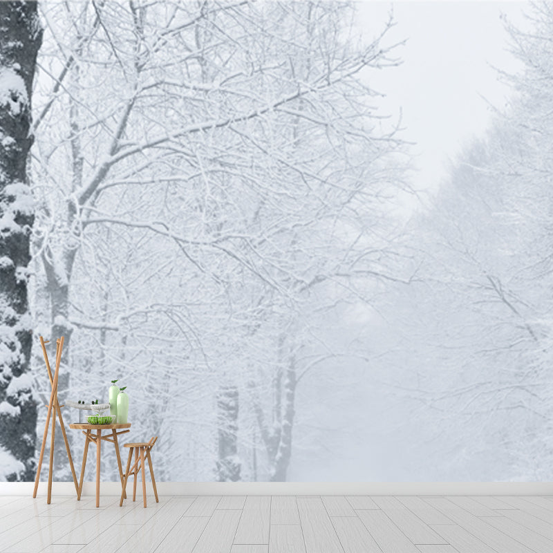 Misty Winter Roadside Forest Mural in White Modernism Wall Decoration for Bedroom Clearhalo 'Wall Decor' 'Wall Mural' 1502225