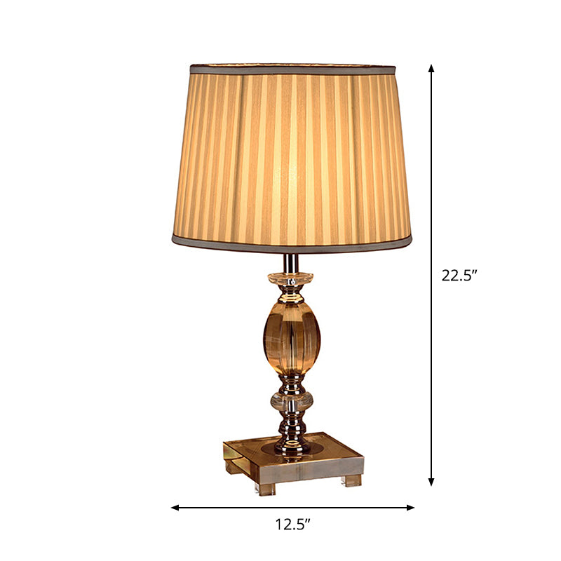 Modernist Font Nightstand Light Clear Crystal 1 Bulb Bedroom Desk Lighting in Beige with Pleated Shade Clearhalo 'Lamps' 'Table Lamps' Lighting' 1502925