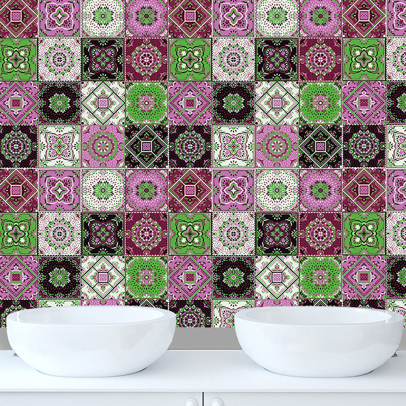 Colorful Flowers Stick Wallpapers Removable Boho Kitchen Wall Decoration (16 Pieces) Purple-Green Clearhalo 'Wall Decor' 'Wallpaper' 1504441