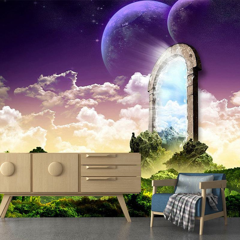 Large Nightfall Mountain Mural Modern Magic Arched Entrance to the North Wall Art in Green Clearhalo 'Wall Decor' 'Wall Mural' 1505179