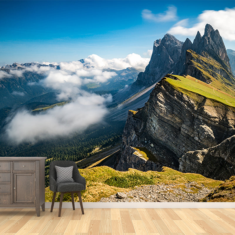 Mountains with Clouds Wall Mural Green Contemporary Wall Covering for Living Room Clearhalo 'Wall Decor' 'Wall Mural' 1505340