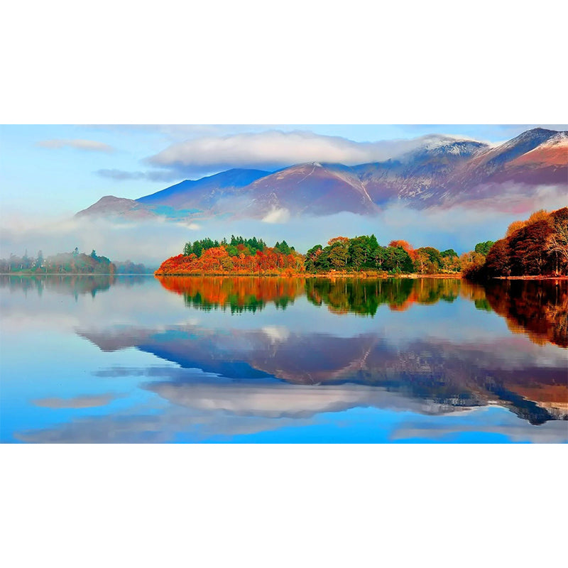 Blue Contemporary Wall Mural Big Autumn Forest by the Mirror Lake Wall Decor for Home Clearhalo 'Wall Decor' 'Wall Mural' 1505431