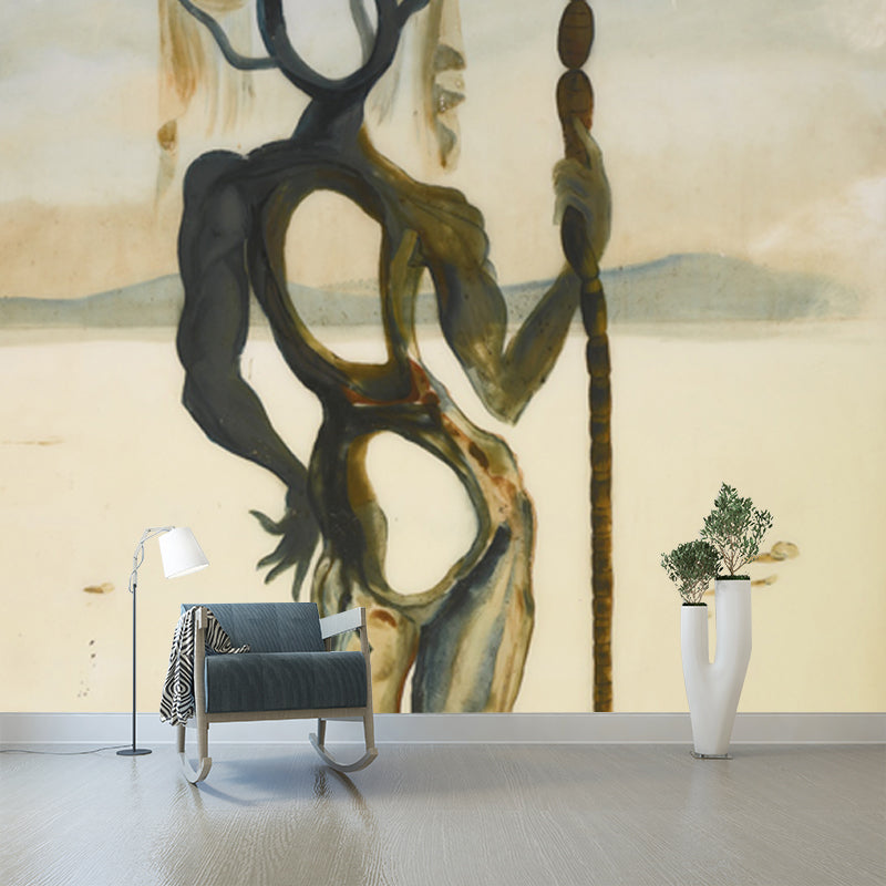 Skeleton Holding Butterfly Stake Mural Surrealist Non-Woven Cloth Wall Covering in Beige Clearhalo 'Wall Decor' 'Wall Mural' 1505695