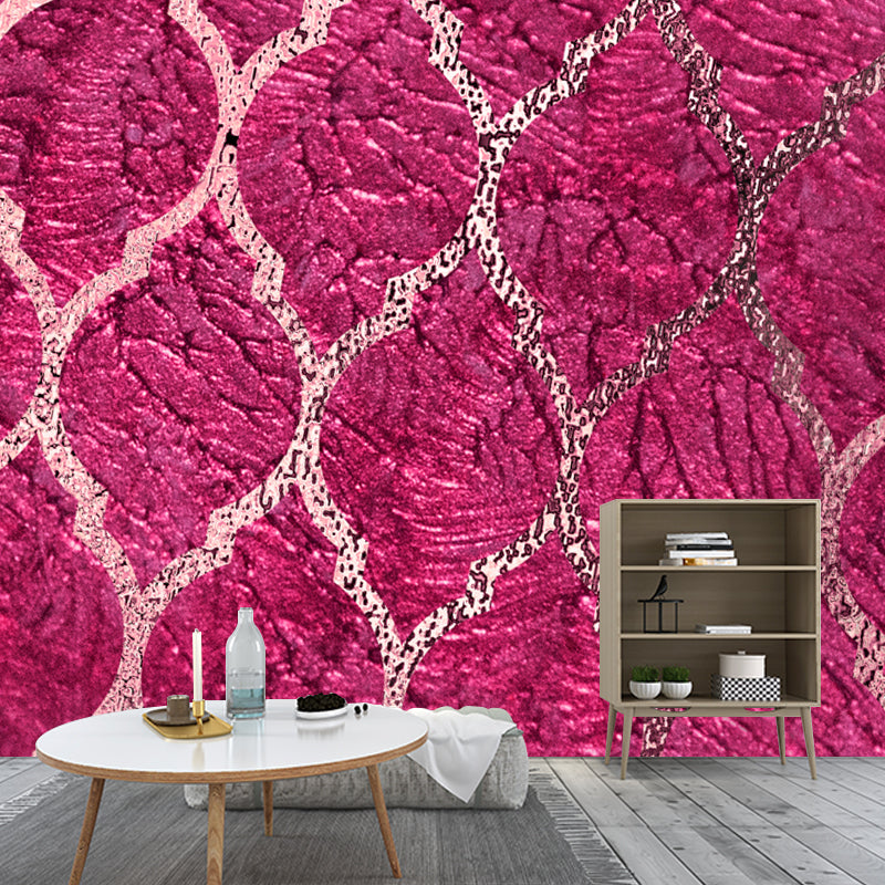 Ogee Patterned Foil Wall Mural Contemporary Stain Resistant Bedroom Wall Art, Made to Measure Pink Clearhalo 'Wall Decor' 'Wall Mural' 1505873