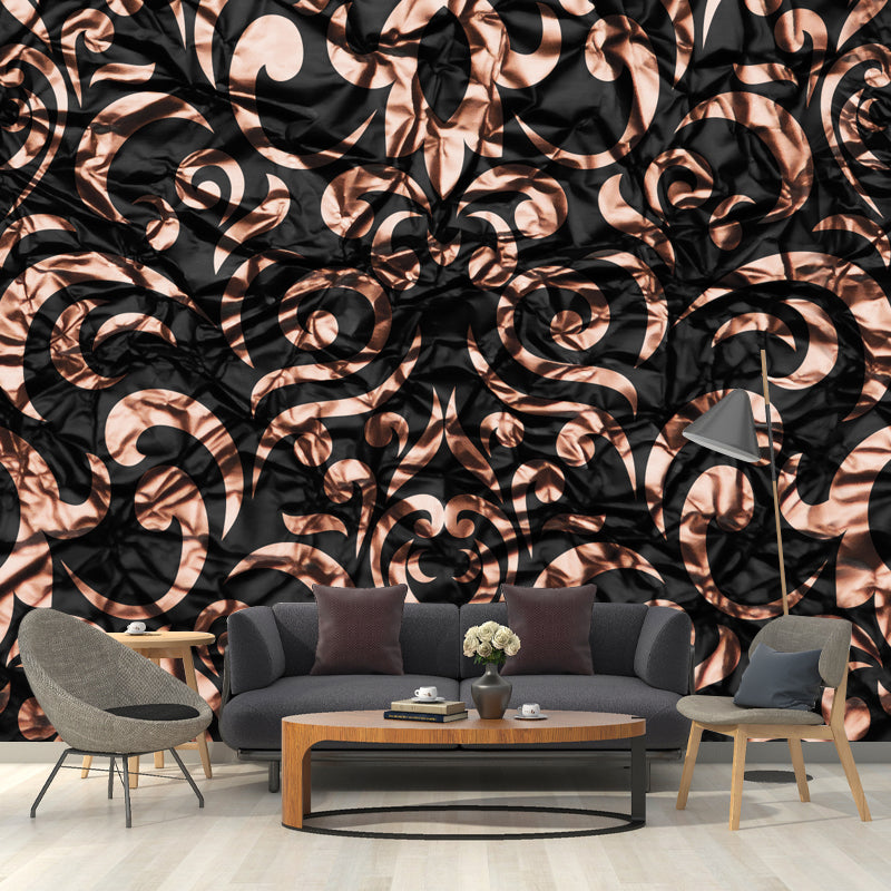 Dark Color Scrolls Foil Mural Stain-Resistant Nostalgic Living Room Wall Covering Brown Clearhalo 'Wall Decor' 'Wall Mural' 1505913