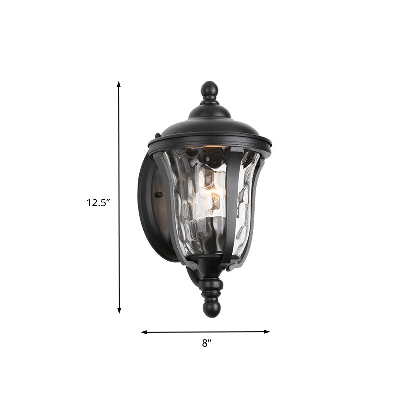 Urn Dimpled Glass Wall Mounted Lamp Industrial Single Bulb Outdoor Sconce Light in Black, 8"/10"/11" W Clearhalo 'Art deco wall lights' 'Cast Iron' 'Glass' 'Industrial wall lights' 'Industrial' 'Middle century wall lights' 'Modern' 'Rustic wall lights' 'Tiffany' 'Traditional wall lights' 'Wall Lamps & Sconces' 'Wall Lights' Lighting' 150650