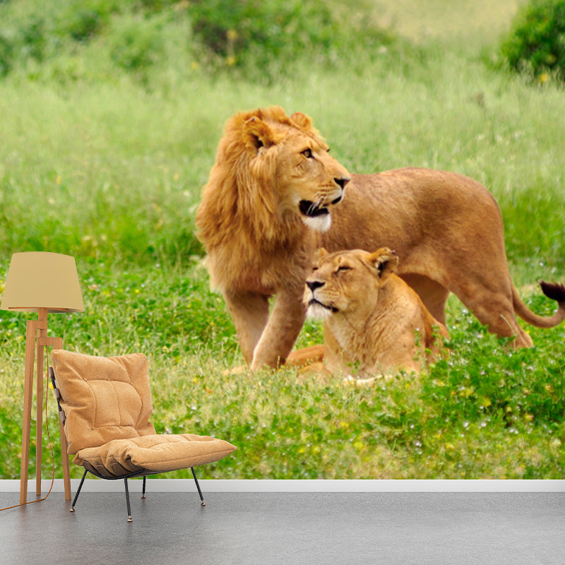 Modern Lion Couple Mural Green Scenery Wall Covering for Home, Custom Size Available Clearhalo 'Wall Decor' 'Wall Mural' 1508286