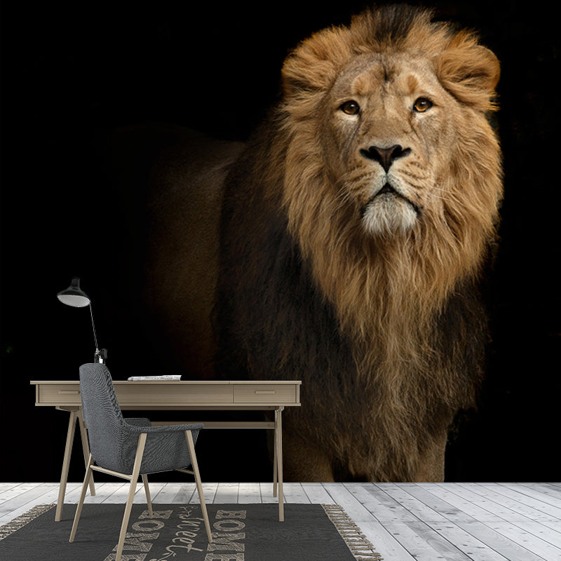 Cool Lion in Darkness Mural Wallpaper for Living Room, Brown, Custom Size Available Clearhalo 'Wall Decor' 'Wall Mural' 1508346