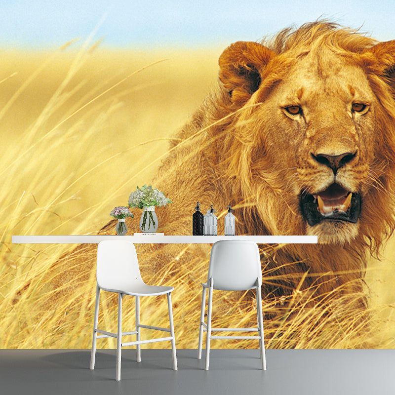 Non-Woven Washable Mural Contemporary Lion Pattern Wall Decoration in Yellow for Home Clearhalo 'Wall Decor' 'Wall Mural' 1508391