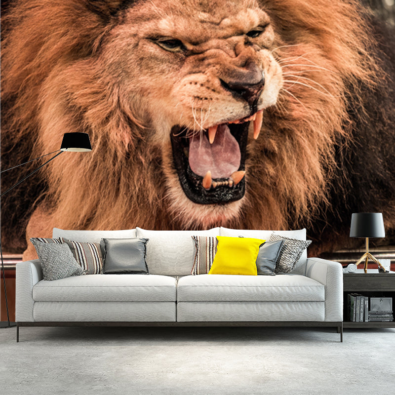 Stain Resistant Roaring Lion Mural Modern Non-Woven Wall Art in Brown, Custom Print Clearhalo 'Wall Decor' 'Wall Mural' 1508577