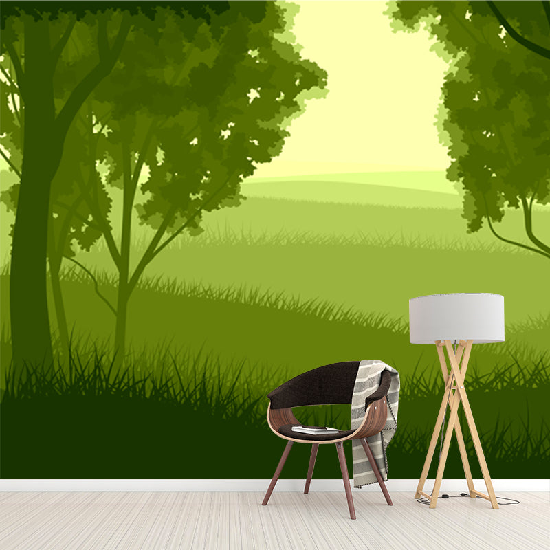 Modern Meadow and Forest Mural for Bedroom Custom Size Wall Art in Green, Non-Woven Clearhalo 'Wall Decor' 'Wall Mural' 1508631