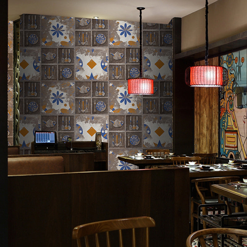 Nostalgic Distressed Dishware Wallpapers for Restaurant 20 Pieces 8.6-sq ft Wall Decor in Grey, Stick On Clearhalo 'Vintage wall decor' 'Vintage' 'Wallpaper' Wall Decor' 1513196