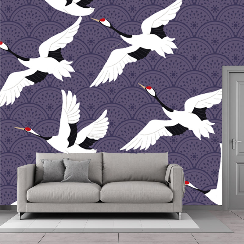 Large Chinoiserie Wallpaper Mural White Flocks of Red-Crown Crane Wall Art on Purple Clearhalo 'Wall Decor' 'Wall Mural' 1513546