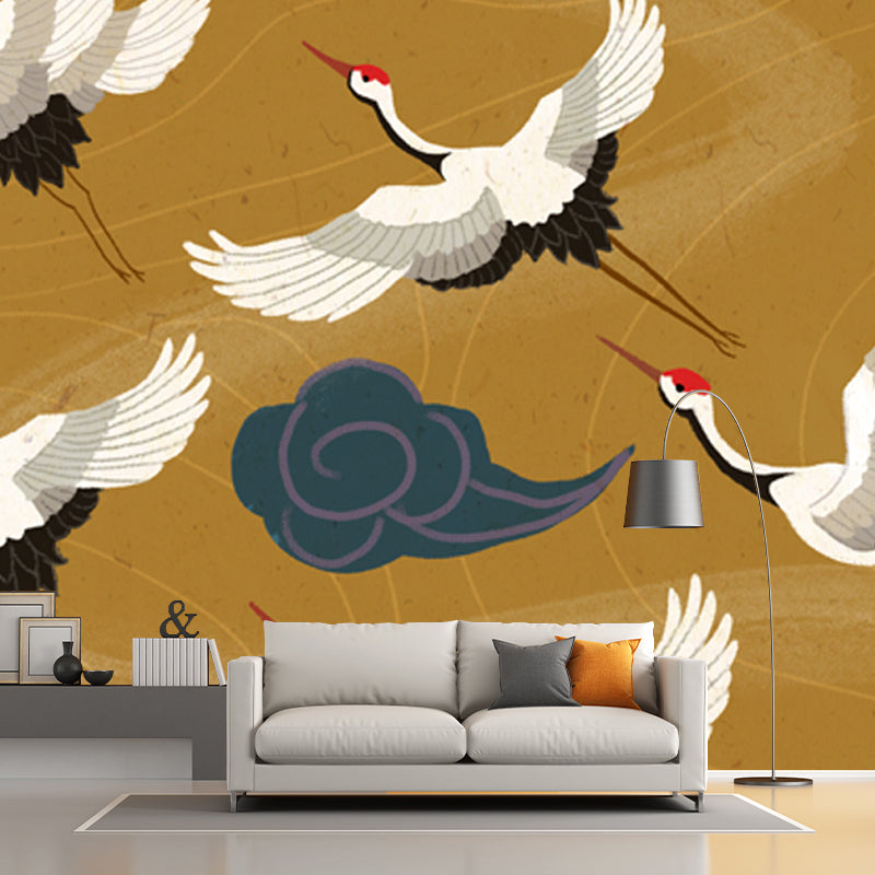 Oriental Flying Cranes Wall Mural in White on Yellow Waterproofing Wall Covering for Home Clearhalo 'Wall Decor' 'Wall Mural' 1513551