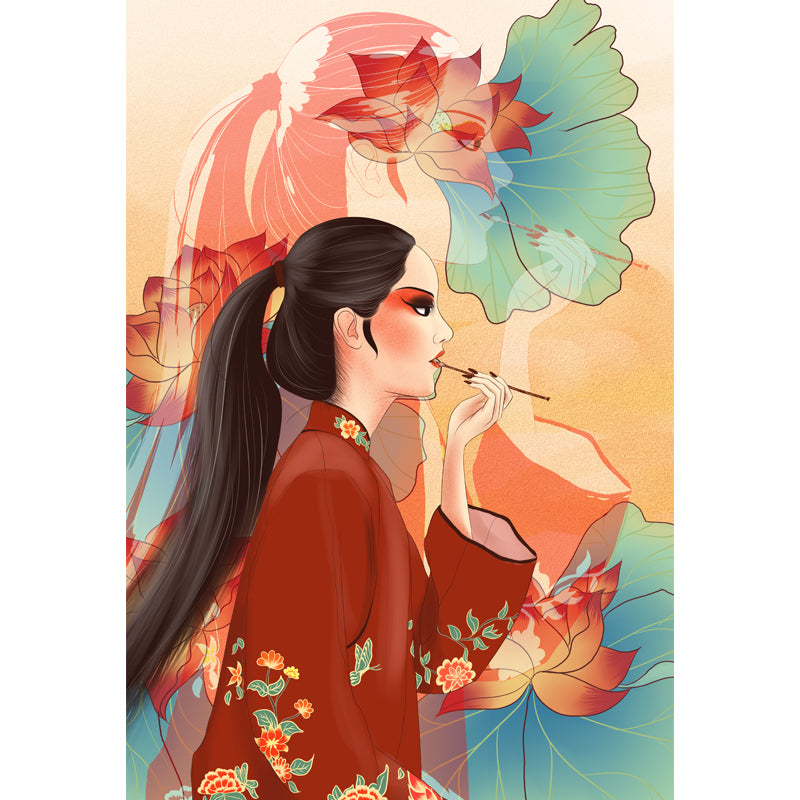 Chinese Opera Actress Mural in Red Girls Bedroom Wall Decoration, Custom Size Available Clearhalo 'Wall Decor' 'Wall Mural' 1513562