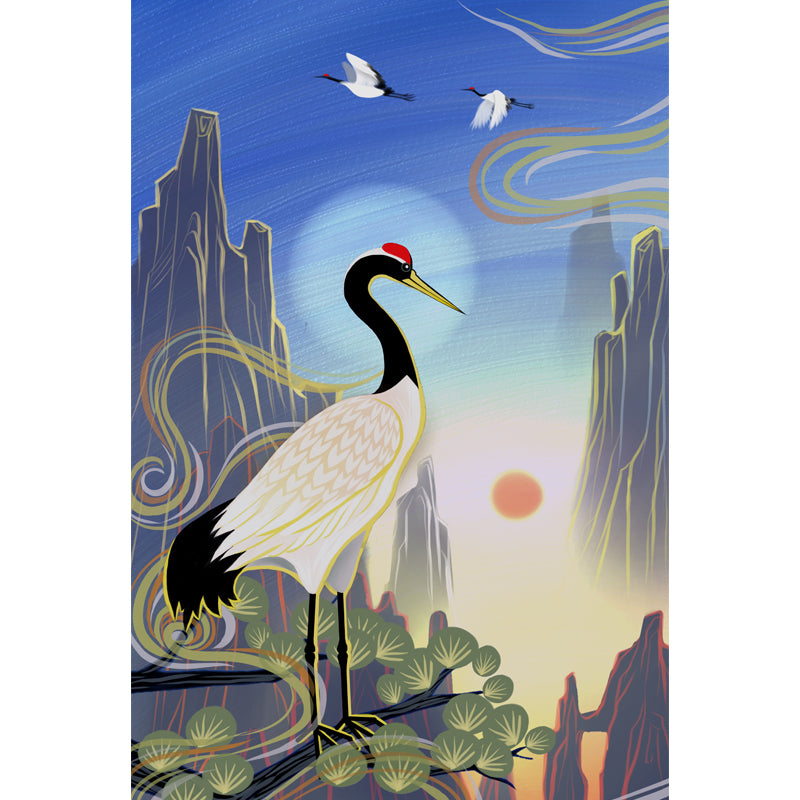 Non-Woven Stain Resistant Mural Chinese Red Crowned Crane with Sunrise Scenery Wall Art Clearhalo 'Wall Decor' 'Wall Mural' 1513572
