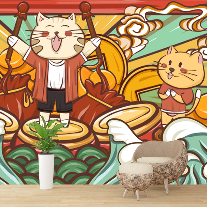 Cats Drum Performance Mural Wallpaper Red Chinese Style Wall Decor for Kids Bedroom Clearhalo 'Wall Decor' 'Wall Mural' 1513591