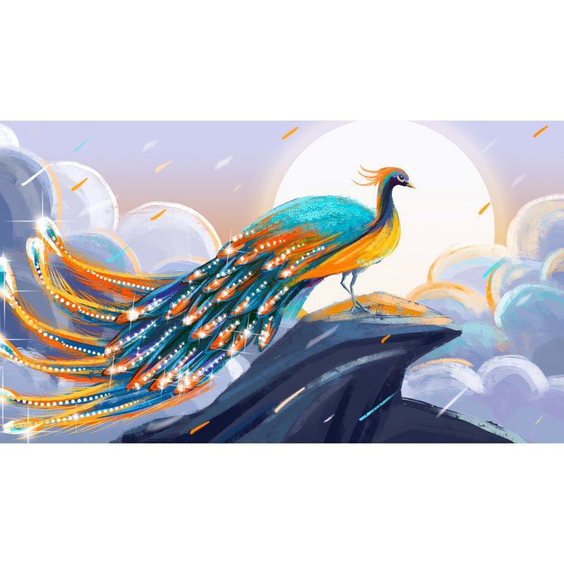 Non-Woven Large Blue Mural Chinese Peacock on Cliff with Full Moon Scene Wall Art, Custom Size Clearhalo 'Wall Decor' 'Wall Mural' 1513624