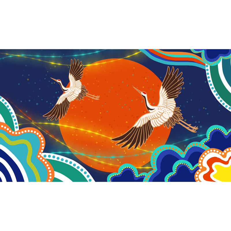 Cranes and Big Moon Mural Decal Orange Chinoiserie Wall Covering for Accent Wall Clearhalo 'Wall Decor' 'Wall Mural' 1513654