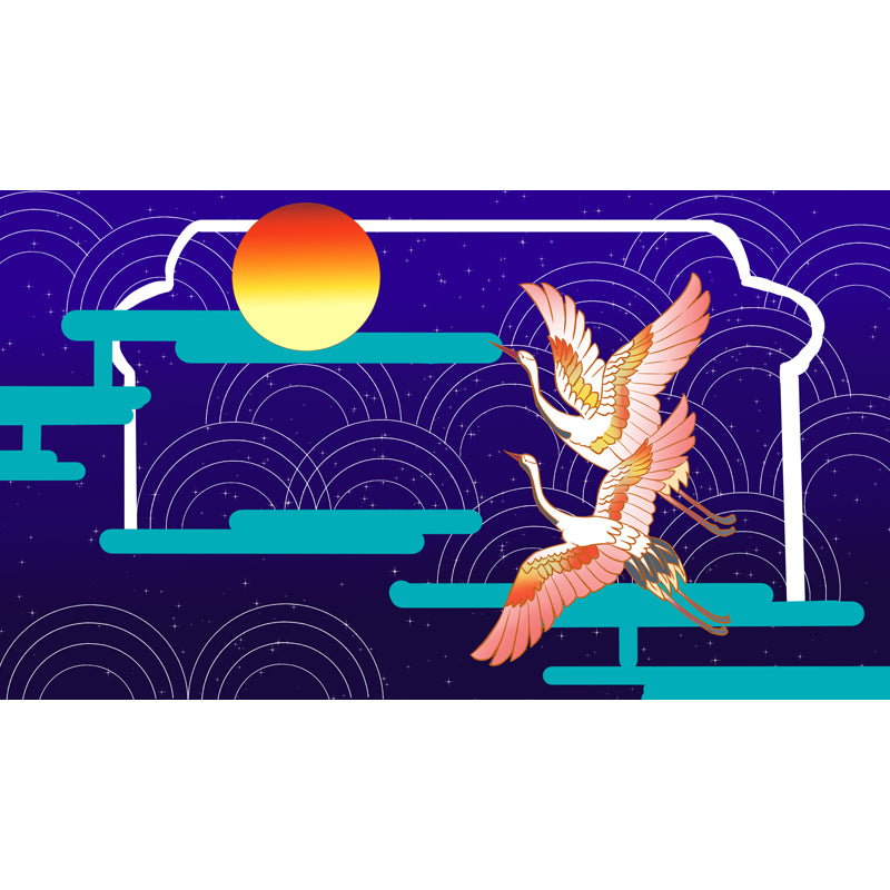 Blue Oriental Wall Covering Mural Large Crane Birds Flying to the Moon Wall Art for Home Clearhalo 'Wall Decor' 'Wall Mural' 1513664