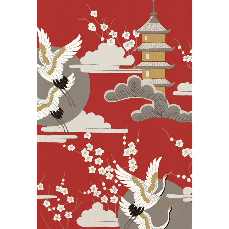 Halcyon and Tower Print Mural Japanese Non-Woven Fabric Wall Decor in Beige on Red Clearhalo 'Wall Decor' 'Wall Mural' 1513684