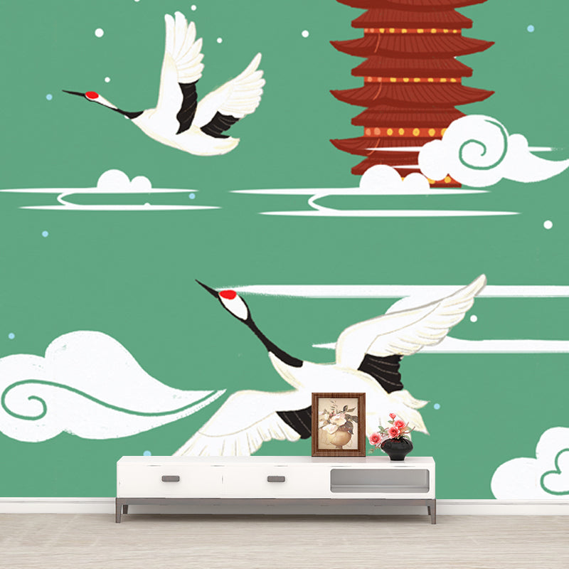 Non-Woven Big Green Mural Chinoiserie Red-Crown Crane and Temple Wall Decor, Custom-Print Clearhalo 'Wall Decor' 'Wall Mural' 1513707