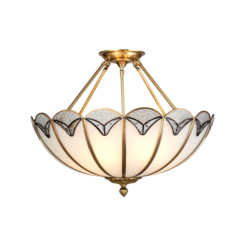 4 Heads Semi Flush Light Vintage Umbrella-Like Milky Glass Flush Mount Lighting in Brass Clearhalo 'Ceiling Lights' 'Close To Ceiling Lights' 'Close to ceiling' 'Glass shade' 'Glass' 'Semi-flushmount' Lighting' 1515577