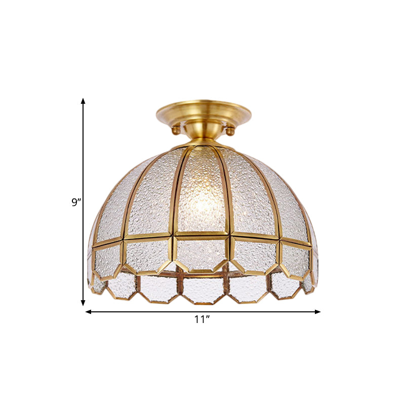 Brass Single Bulb Semi Flush Antiqued Ripple Glass Scalloped Dome Close to Ceiling Light Clearhalo 'Ceiling Lights' 'Close To Ceiling Lights' 'Close to ceiling' 'Glass shade' 'Glass' 'Semi-flushmount' Lighting' 1515586