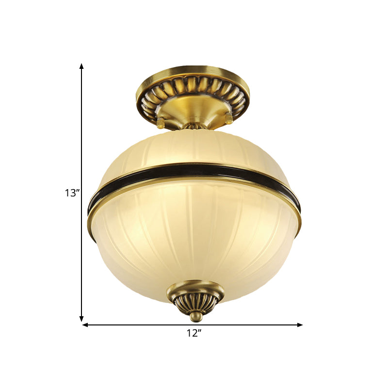 Farmhouse Ellipsoid Semi Flush Light 4/6-Head Ribbed Opal Glass Ceiling Lighting in Brass, 10"/12" Wide Clearhalo 'Ceiling Lights' 'Close To Ceiling Lights' 'Close to ceiling' 'Glass shade' 'Glass' 'Semi-flushmount' Lighting' 1515591