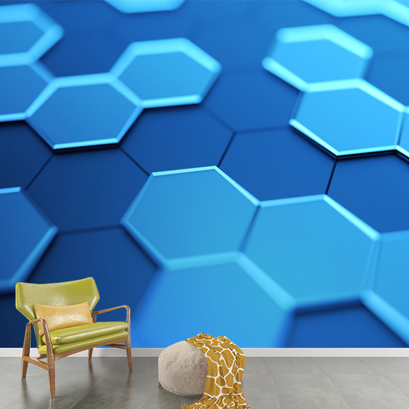 Cool 3D Honeycomb Wallpaper Mural for Bedroom Geometrical Wall Covering, Size Optional Blue Clearhalo 'Wall Decor' 'Wall Mural' 1516034