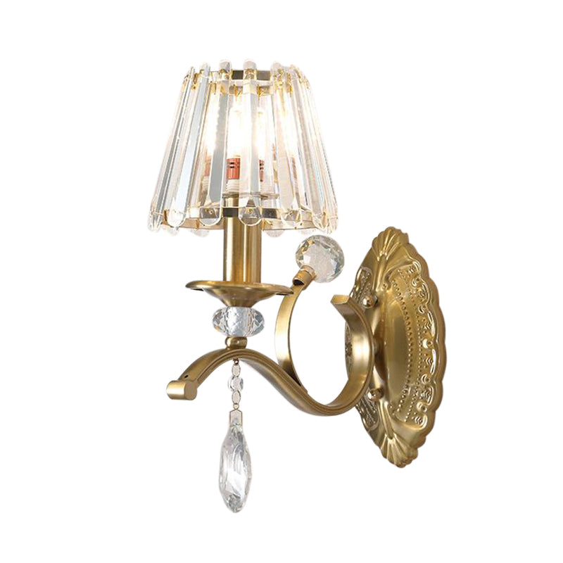 Gold Metallic Wall Lamp Vintage Style Conical 1/2-Light Sconce Lighting with Teardrop Crystal Decoration Clearhalo 'Modern wall lights' 'Modern' 'Wall Lamps & Sconces' 'Wall Lights' Lighting' 153018