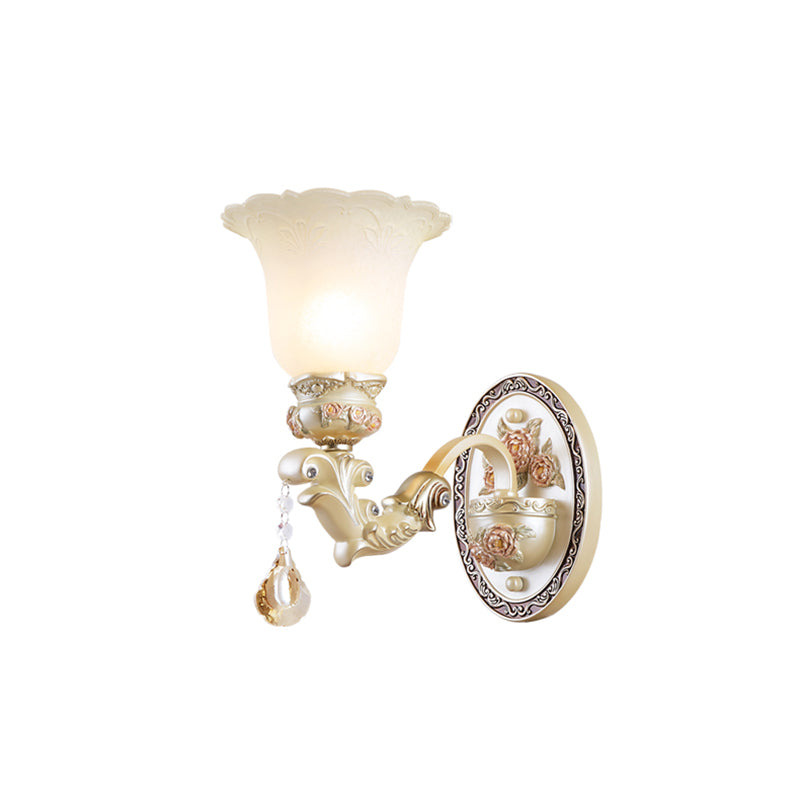 1/2-Bulb Petal Wall Light Sconce Vintage Style Glass Wall Lamp with Carved Backplate in Ivory for Living Room Clearhalo 'Modern wall lights' 'Modern' 'Wall Lamps & Sconces' 'Wall Lights' Lighting' 153164