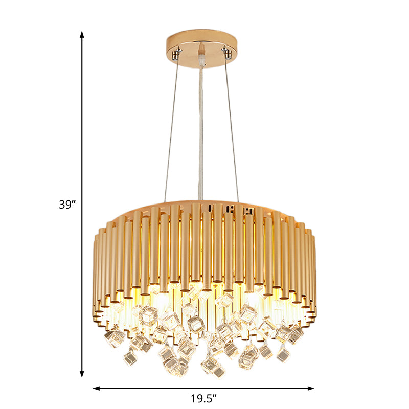 4/5 Lights Drum Hanging Pendant Light Modern Metal Chandelier Light with Cubic Crystal Accent in Gold, 16"/19.5" W Clearhalo 'Ceiling Lights' 'Chandeliers' 'Modern Chandeliers' 'Modern' Lighting' 154739