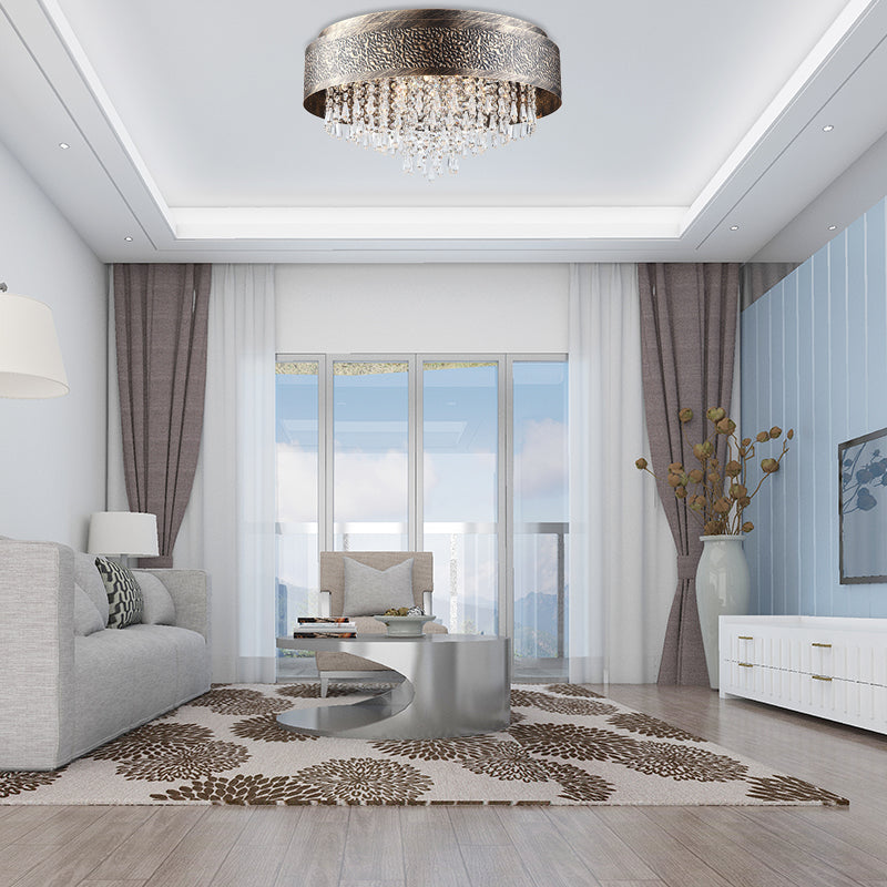 Bronze Drum Flush Lamp Antique Style Iron 5/9 Lights Flush Mount Ceiling Light with Crystal Accent, 16"/19.5" Width Clearhalo 'Ceiling Lights' 'Close To Ceiling Lights' 'Close to ceiling' 'Flush mount' Lighting' 154913