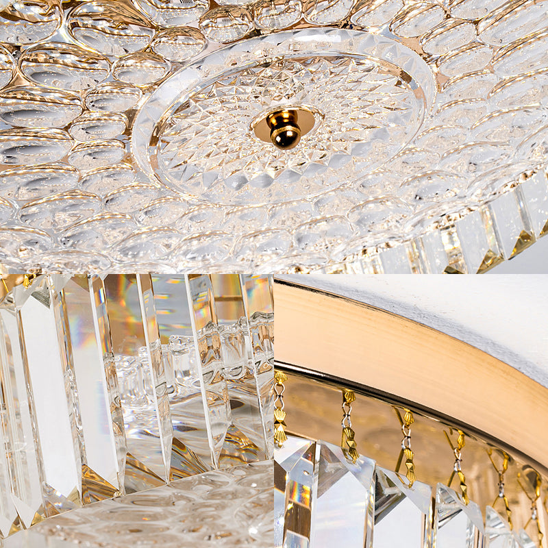 LED Drum Shade Flush Mount Lamp Modernist Metal Flush Ceiling Light with Clear Crystal Prism in Gold Finish, 14"/18" Wide Clearhalo 'Ceiling Lights' 'Close To Ceiling Lights' 'Close to ceiling' 'Flush mount' Lighting' 154967