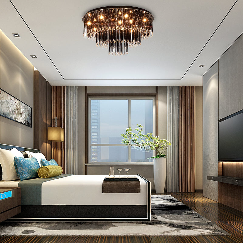 19.5"/23.5" W Tiered Flush Mount Lamp Modern Black Crystal 8/10 Bulbs Flush Mount Chandelier for Bedroom Clearhalo 'Ceiling Lights' 'Close To Ceiling Lights' 'Close to ceiling' 'Flush mount' Lighting' 155487