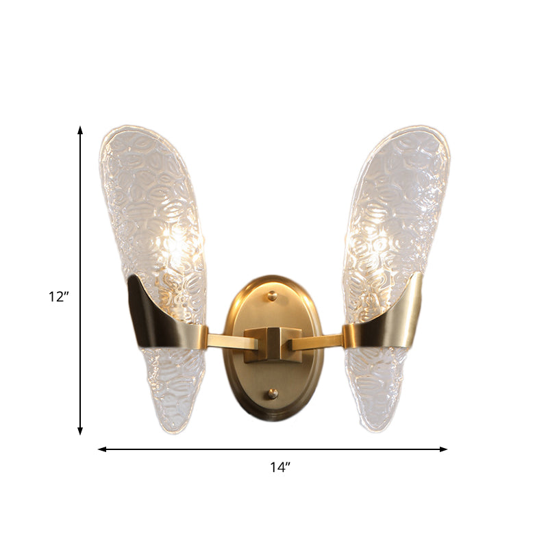 1/2-Bulbs Exposed Wall Lighting Contemporary Textured Glass Sconce Light in Brass for Dining Room Clearhalo 'Modern wall lights' 'Modern' 'Wall Lamps & Sconces' 'Wall Lights' Lighting' 155636