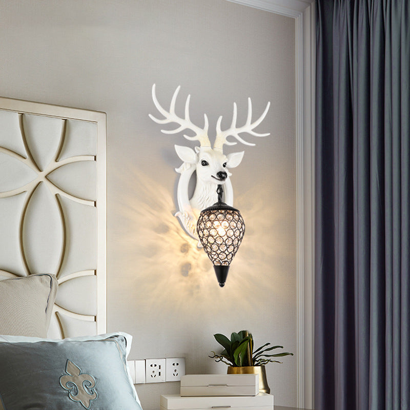 Brown/White Elk Wall Light Lodge Style Resin 1 Light Wall Mounted Light with Crystal Lantern Shade for Bedroom White Clearhalo 'Wall Lamps & Sconces' 'Wall Lights' Lighting' 155646