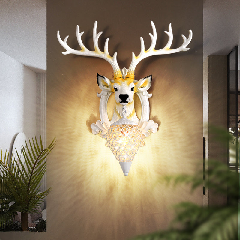 Crystal Ball Shade Wall Lighting with Elk Backplate 1 Light Countryside Sconce Light Fixture in White/Gold White Clearhalo 'Wall Lamps & Sconces' 'Wall Lights' Lighting' 156096