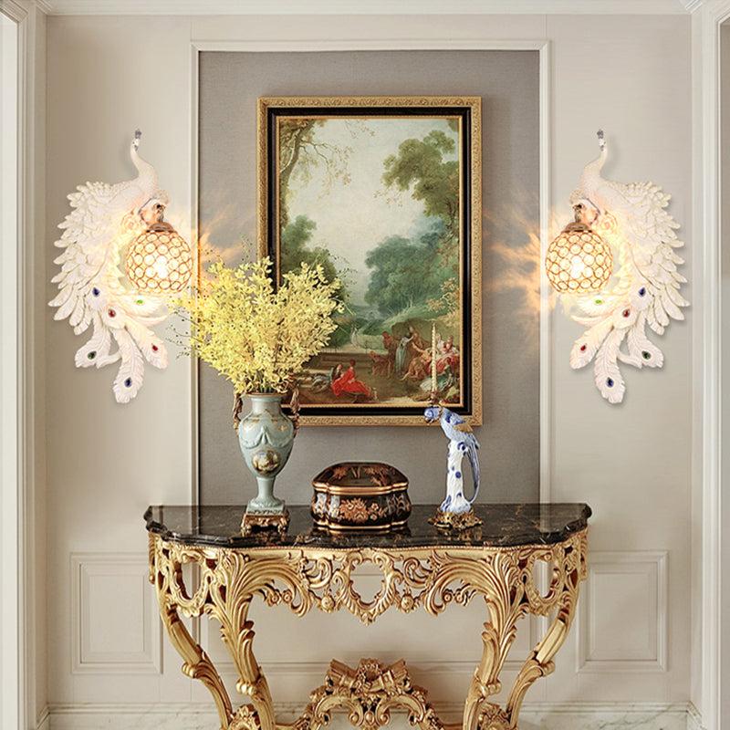 Double/Right/Left Peacock Wall Lamp Country Resin 1 Bulb Sconce Light Fixture with Clear Crystal Shade in White/Blue Finish, 1/2-Pack White Double Clearhalo 'Wall Lamps & Sconces' 'Wall Lights' Lighting' 156222