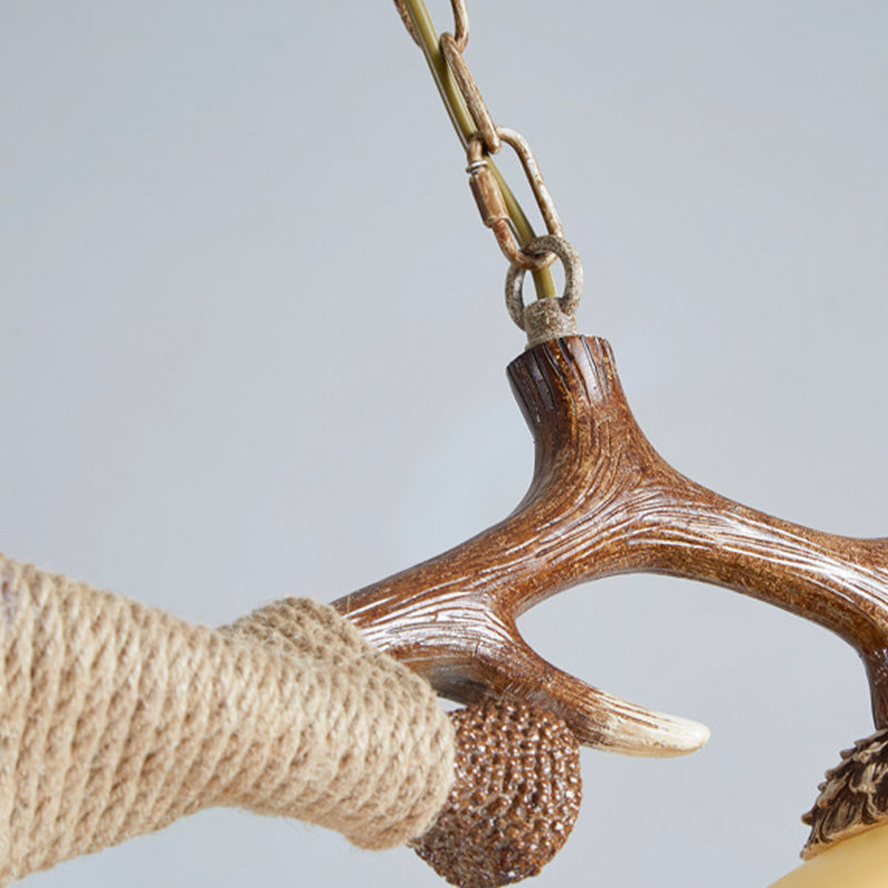 Bowl Shade Hanging Lamp Rustic Glass 2 Bulbs Hanging Pendant with Wood and Rope Decoration in Amber Clearhalo 'Ceiling Lights' 'Chandeliers' 'Glass shade' 'Glass' 'Island Lights' Lighting' 158009