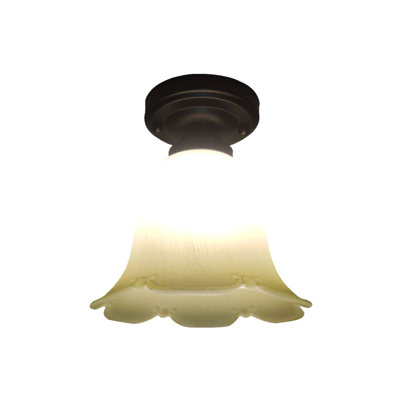 Single Head Flush Lamp Cottage Flower White Glass Ceiling Flush Mount Light in Black Clearhalo 'Ceiling Lights' 'Close To Ceiling Lights' 'Close to ceiling' 'Flush mount' Lighting' 1580688