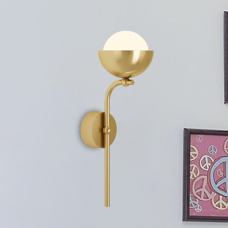 Metallic Hemisphere Wall Sconce Traditional 1-Head Sitting Room LED Wall Mount Light with Orb White Glass Shade in Brass/Black and Gold Brass Clearhalo 'Wall Lamps & Sconces' 'Wall Lights' Lighting' 1580803