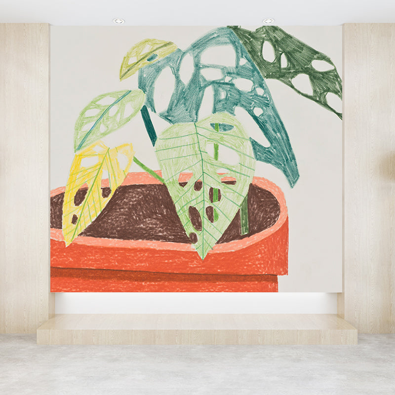 Orange Pot Plant Mural Wallpaper Stain Resistant Contemporary Bathroom Wall Covering Clearhalo 'Wall Decor' 'Wall Mural' 1595072