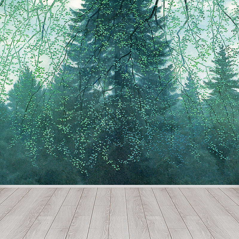 Modern Woodland Mural Wallpaper Green Dining Room Wall Art, Custom Size Available Clearhalo 'Wall Decor' 'Wall Mural' 1595122