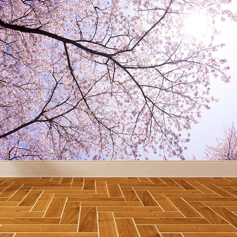 Big Cherry Forest Mural Decal Pink Non-Woven Fabric Wall Covering for Living Room, Custom Size Clearhalo 'Wall Decor' 'Wall Mural' 1595466