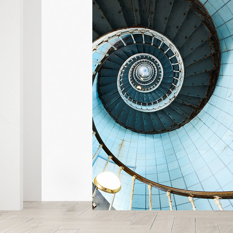 Blue Spiral Stairs Wallpaper Mural Looking-Up View Modern Stain-Proof Wall Art for Bedroom Clearhalo 'Wall Decor' 'Wall Mural' 1595652