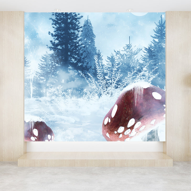 Full Size Illustration Modern Mural Decal with Snowy Trees and Mushrooms in Blue Clearhalo 'Wall Decor' 'Wall Mural' 1596061