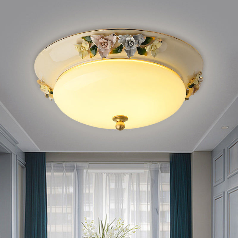 12"/14" Wide LED Ceiling Fixture Retro Style Bowl Shape Milky Glass Flush Mount with Blossom Decor in Beige, Warm/White Light Clearhalo 'Ceiling Lights' 'Close To Ceiling Lights' 'Close to ceiling' 'Flush mount' Lighting' 1598294