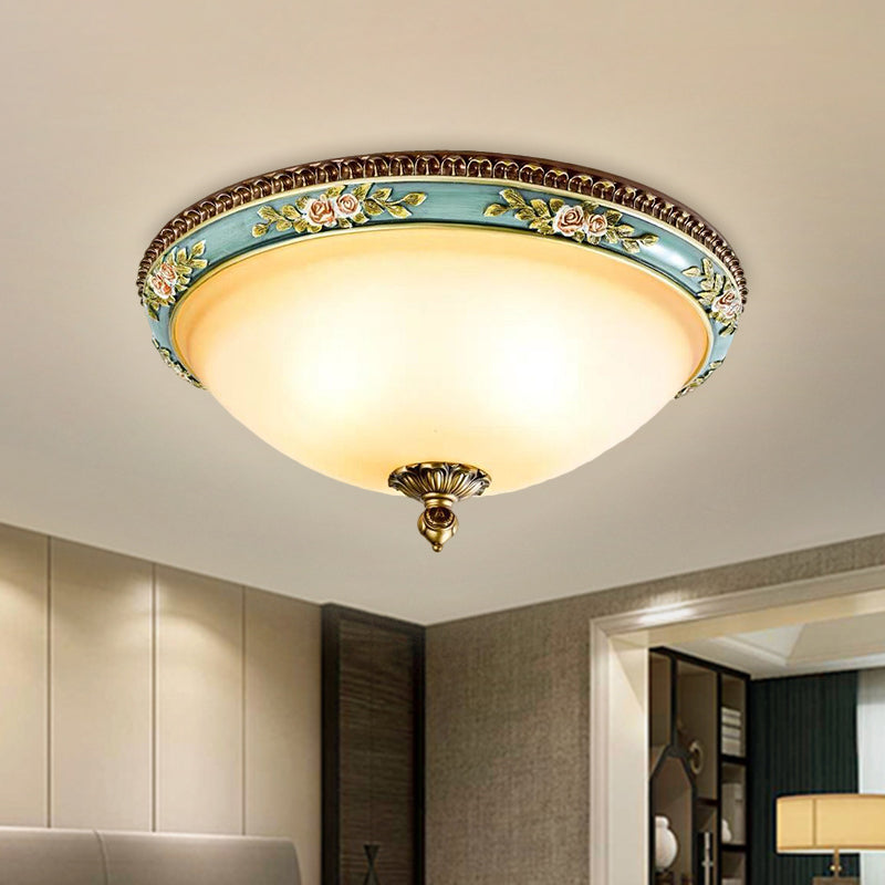 Dome-Like Sitting Room Ceiling Fixture Warehouse Opal Glass LED Blue Flush Mount Lamp with Carving Flower Decor in Warm/White/3 Color Light Clearhalo 'Ceiling Lights' 'Close To Ceiling Lights' 'Close to ceiling' 'Flush mount' Lighting' 1598433